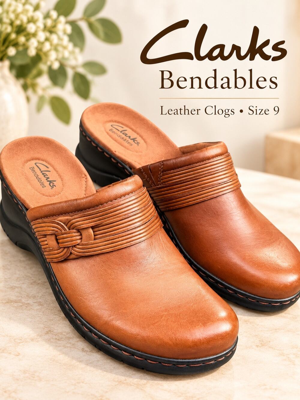 Clarks Bendables Brown Faux Leather Clogs Mules Size 9 Comfort Shoes